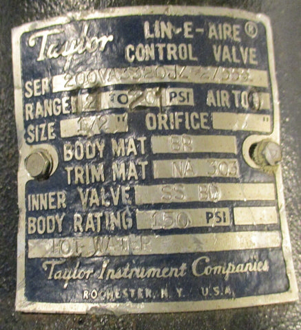 Taylor Instrument Lin-E-Aire 1/2" Control Valve 150 PSI Body Rating