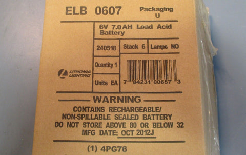 Lithonia Lighting ELB 0607 Rechargeable Sealed Lead Acid Battery 6V 7.0AH NIB