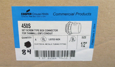 Box of 84 Crouse-Hinds 450S Set Screw Thinwall Conduit 1/2" Box Connector NIB