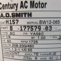 Century H157 AC Motor 817757903 208230/460V 1/4HP 1725RPM 5/8" Shaft Dia NOS