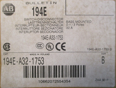 Allen Bradley 194EA321753 Ser B Switch Disconnector 32A 600VAC 50/60Hz