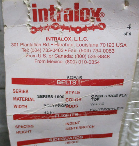 Intralox Series 1600 White Conveyor Belt Open Hinge Flat Top 15' Long 42" Wide