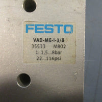 Festo VADMEI3/8 Vaccum Generator 35533 24 VDC 1.5  8 Bar 22116 PSI