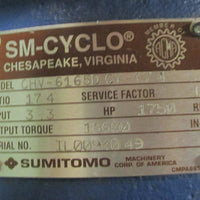 Sumitomo SM Cyclo CHV-6165DCY-174 Gear Reducer 174:1 Ratio 3.3 HP Input New