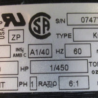 Bodine Electric KCI-24A2 Gearmotor 6:1 Ratio 115V 200RPM 1/450HP 1/4" Shaft Dia