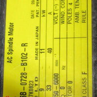 Fanuc 18 P A06B0728B102R AC Spindle Motor 11 kW, 200 V Motor Input