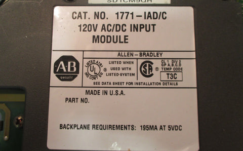 Allen Bradley 1771IAD/C 120V AC/DC Input Module 195MA at 5VDC Used