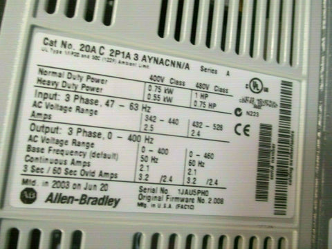 Allen-Bradley Powerflex 70 Drive Series A 20AC2P1A3AYNACNN/A