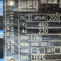 WEG W22 Severe Duty 20018ET3G447TW22 Motor 200 HP, 3 Ph, 1780 RPM, 445/7T