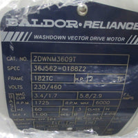 Baldor ZDWNM3609T Washdown Vector Motor 2 HP, 3 Ph, 1725 Rpm, 182TC New