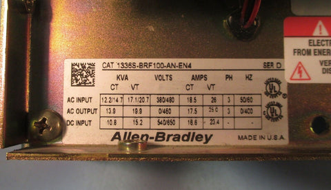 Allen Bradley 1336S-BRF100-AN-EN4 Ser D AC Drive w/ 1201-HA2 Programmer Used