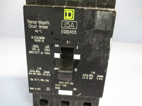 SQUARE D EGB CIRCUIT BREAKER 15AMP, 3 POLRE, 240/400 VAC 480VOLT EGB34015