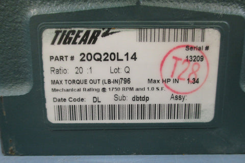 Dodge 20Q20L14 Tigear2 Reducer: 1750 RPM, 1.34HP, R Angle Worm Gearbox Reducer