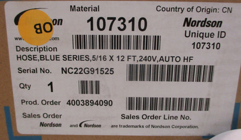 Nordson 107310 Blue Series Hot Melt Glue Hose 5/16" Dia x 12' Long 240V Auto HF