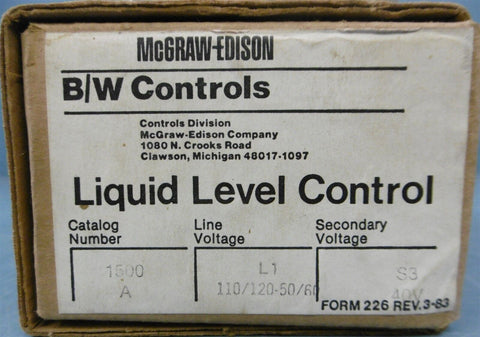 McGraw-Edison B/W Controls Liquid Level Control 120 V 50/60 Hz 40 V 1500-A-L1-S3