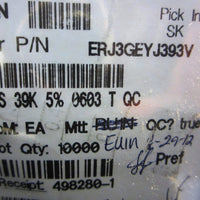 Panasonic ERJ3GEYJ393V Thick Film Resistors, 39K ohm, 5% T, 0603, 125mW, 9978 pc