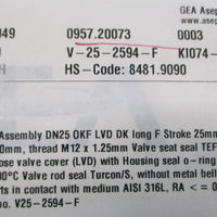GEA Aseptomag AG 0957.20073 Bellows Valve V252594F 144mm L, 25mm Stroke