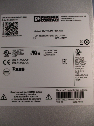 PHOENIX CONTACT POWER DISTRIBUTION BLOCK 24V 7.2Ah 50A UPS-BAT/VRLA/24DC/7.2AH