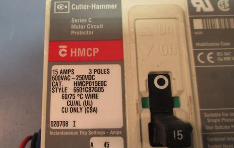 Cutler Hammer HMCP015E0C 6601C87G05 Ser C Motor Circuit Protector Breaker 15A