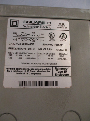 SQUARE D 500SV43B GENERAL PURPOSE TRANSMFORMER .500KVA, 1PH, 60 Hz 130DEG. C