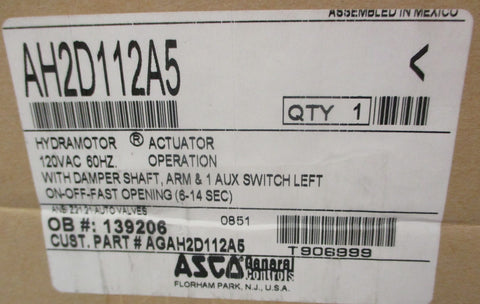 ASCO AH2D112A5 Hydramotor Gas Valve 120/110V 60/50Hz 15PSI Max