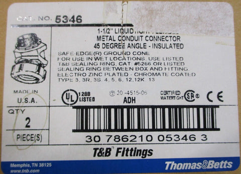 Thomas & Betts 5346 Liquidtight Flexible Conduit Connector 45Deg 1-1/2" Lot of 2