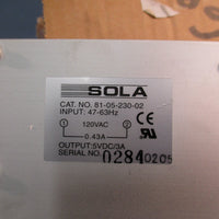 SOLA 81-05-230-02 120VAC 0.43A 47-63Hz DC POWER SUPPLY