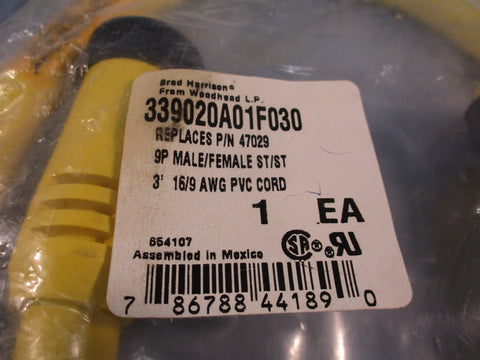 Brad Harrison/Woodhead 339020A01F030 9P MALE/FEMALE ST/ST 3" 16/9 AWG PVC CORD