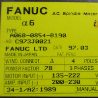 Fanuc A06B-0854-B190 AC Spindle Motor 5.5/7.5kW 1500/8000RPM 32mm Shaft Dia