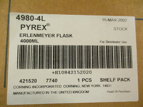 Corning Pyrex 4980-4L Erlenmeyer Flask 4000ML Narrow Mouth Heavy Duty Rim