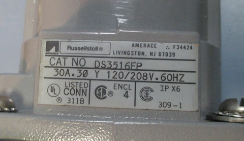 Russellstoll DS3516FP Waterproof 5 Prong Female Plug Assembly w/ L21-30P End