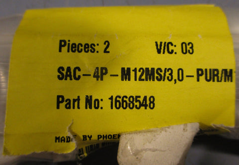 Phoenix Contact 1668548 Actuator Cable SAC4PM12MS/3.0PUR/M12FR3L (Lot of 2)