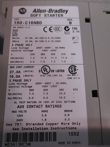 Allen Bradley Smart Motor Controller 3 Phase Open Type 200-480V Ser B 150-C16NBD