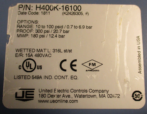 United Electric Controls Company  H400K15923  Switch Pressure Differential