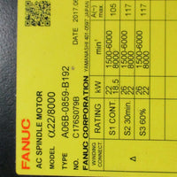 Fanuc A06B0859B192 AC Spindle Motor a22/8000, 18.52226 kW, 164211 V