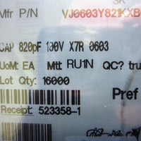 Vishay Vitramon VJ0603Y821KXBCW1BC Ceramic Capacitor 820pF, 0603, 100V, 9957 pcs