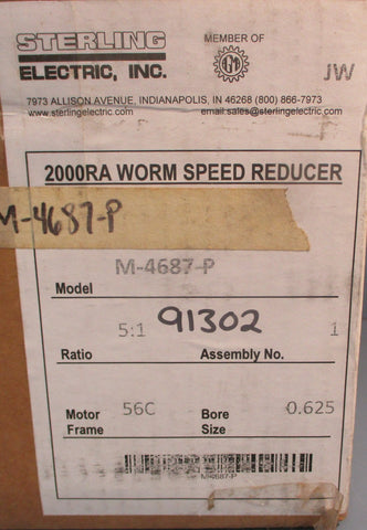 Sterling Electric 2000RA Worm Speed Reducer M-4687-P 5:1 Ratio 5/8" Bore
