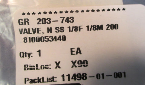 Graco 203-743 Restrictor Valve Stainless 1/8"F & 1/8"M, WPR 200 PSI NIB