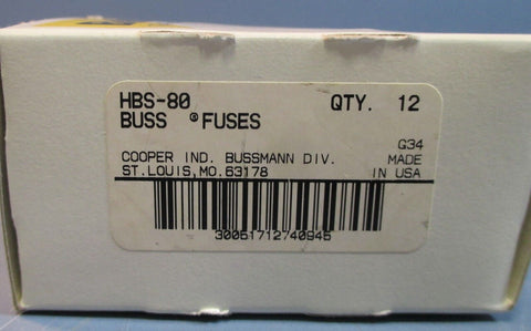 Box of 12 Cooper Bussmann Buss HBS-80, G34 Fuses Stud Mounted Rare NIB