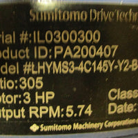 Sumitomo SMCyclo LHYMS34C145YY2B305 Gearmotor 305:1 Ratio 3HP 5.74RPM NOS