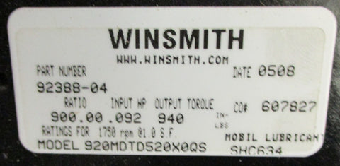 Winsmith 920MDTD520X0QS Speed Reducer 5/8" Bore 1" Shaft Dia 900:1
