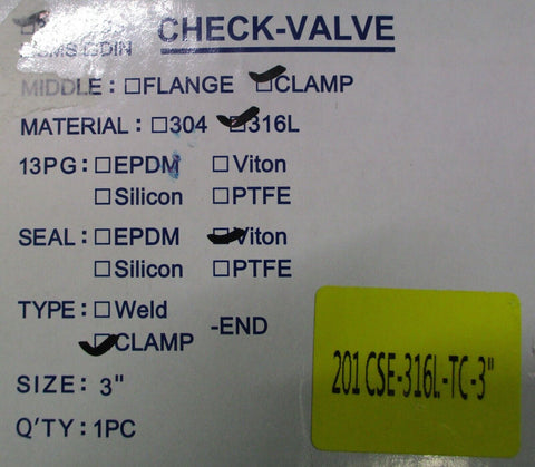 Tru-Flo 201 CSE-316L-TC-3" Sanitary Check Valve 58-02 Tri-Clamp