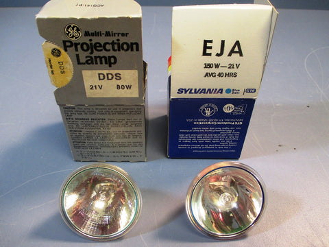 Lot of 2 projection lamps, General Electric multimirror DDS 80W, Sylvania EJA 1