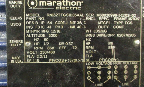 Marathon RN182TTGS11105AAL Motor Marine / Severe Duty 3 Ph, 1/2 HP, 868 RPM