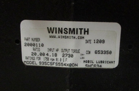 Winsmith 935 Speed Gear Reducer 935CSFS554X0DN 20:1 Ratio, 4.18 HP In 2730 InLb