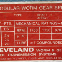 Cleveland Worm Gear Reducer Size 35 30:1 Ratio 1.0 SF 1" and 11/2" Shaft Dia