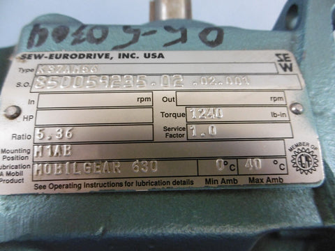 Sew Eurodrive Inc K37AM56 Gear Reducer Ratio 5.36 Torque 1240