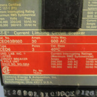 SIEMENS CURRENT LIMITING CIRCUIT BREAKER 30AMP 600V 3POLE CED63B030