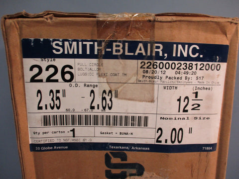 SMITH BLAIR 2” Style 226 Stainless Repair Clamp X 12 1/2” 2.35-2.63” OD Range