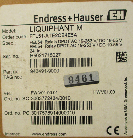 Endress Hauser Liquiphant M Level Switch FTL51ATE2CB4E5A 24" 9434919000